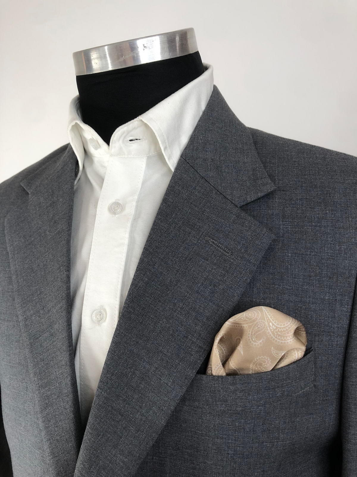 Beige with Heavy White Paisley Silk Pocket Square