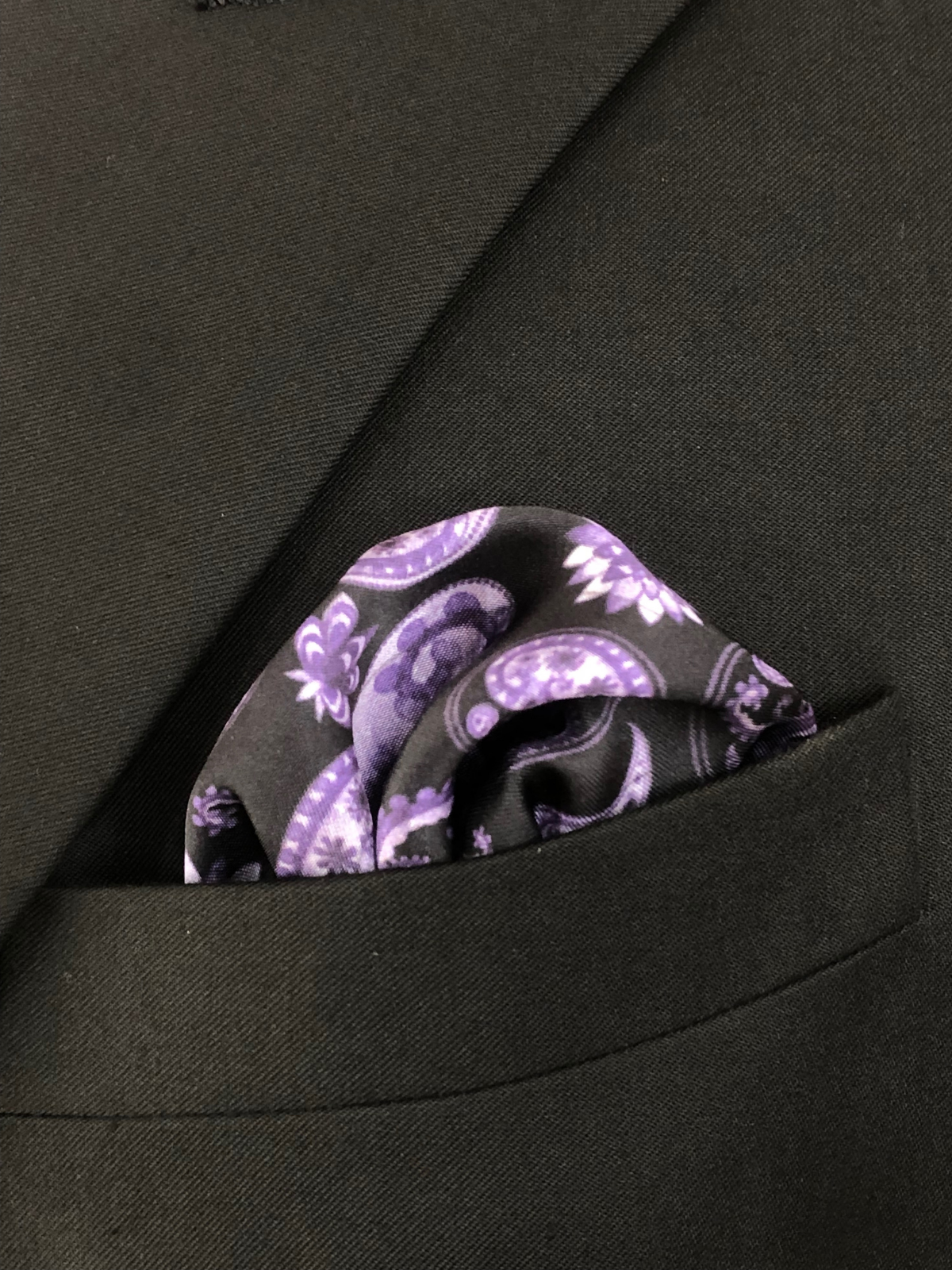 Black with Lavender Paisley Silk Pocket Square