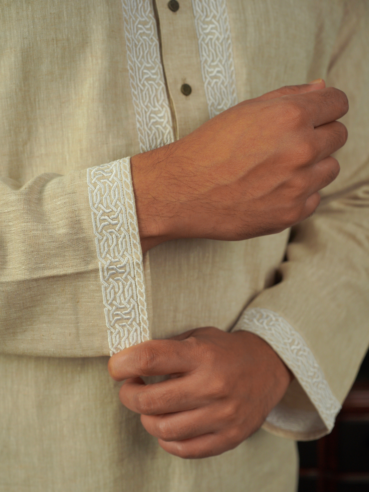 Beige & White Embroidery Kurta