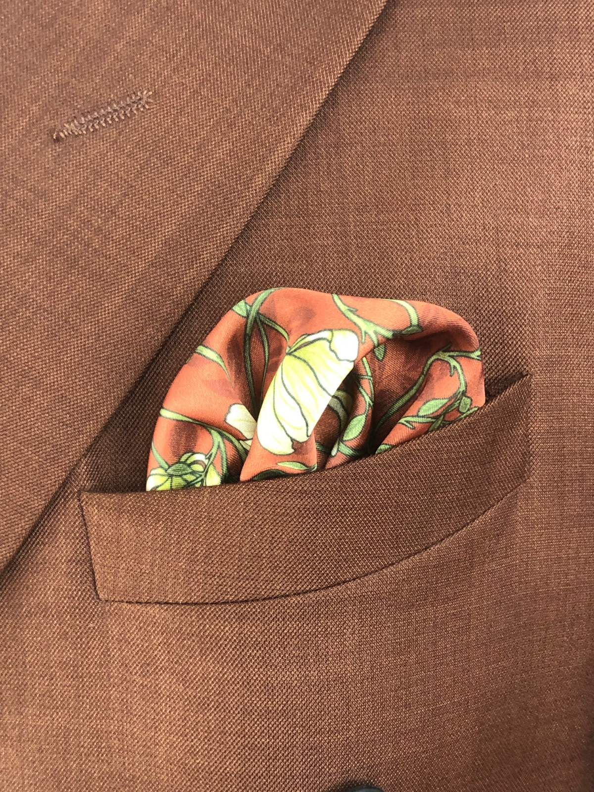 Brown with Green Floral Silk Pocket Square