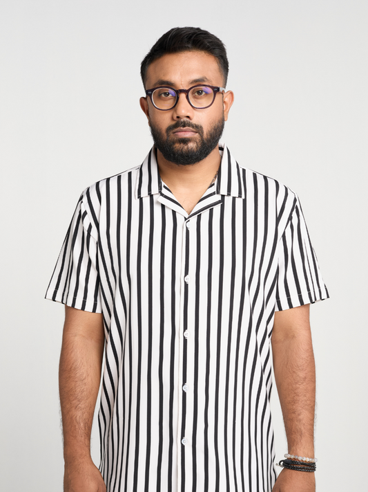 Black & white Stripe Cuban Half Shirt