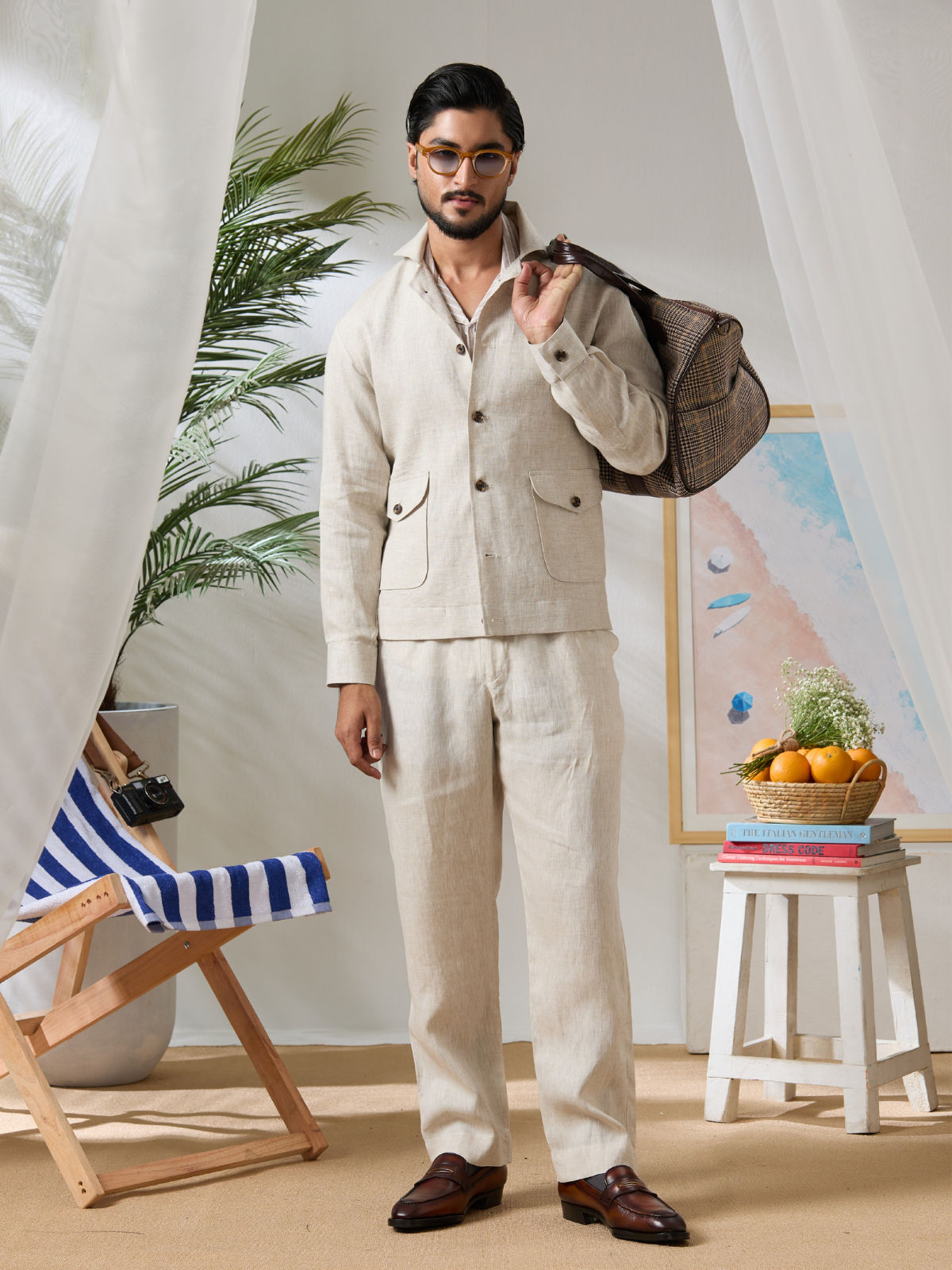 Beige Linen Blouson Jacket