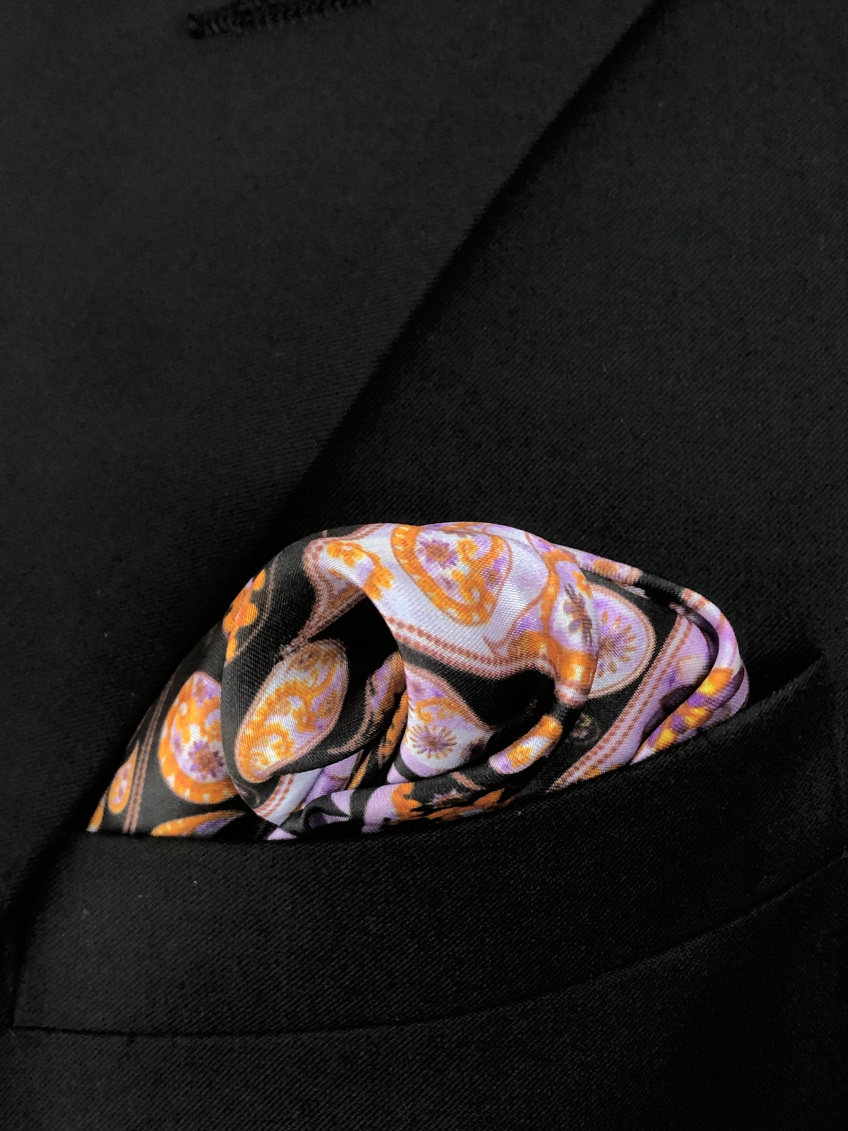 Black with Orange Paisley Silk Pocket Square