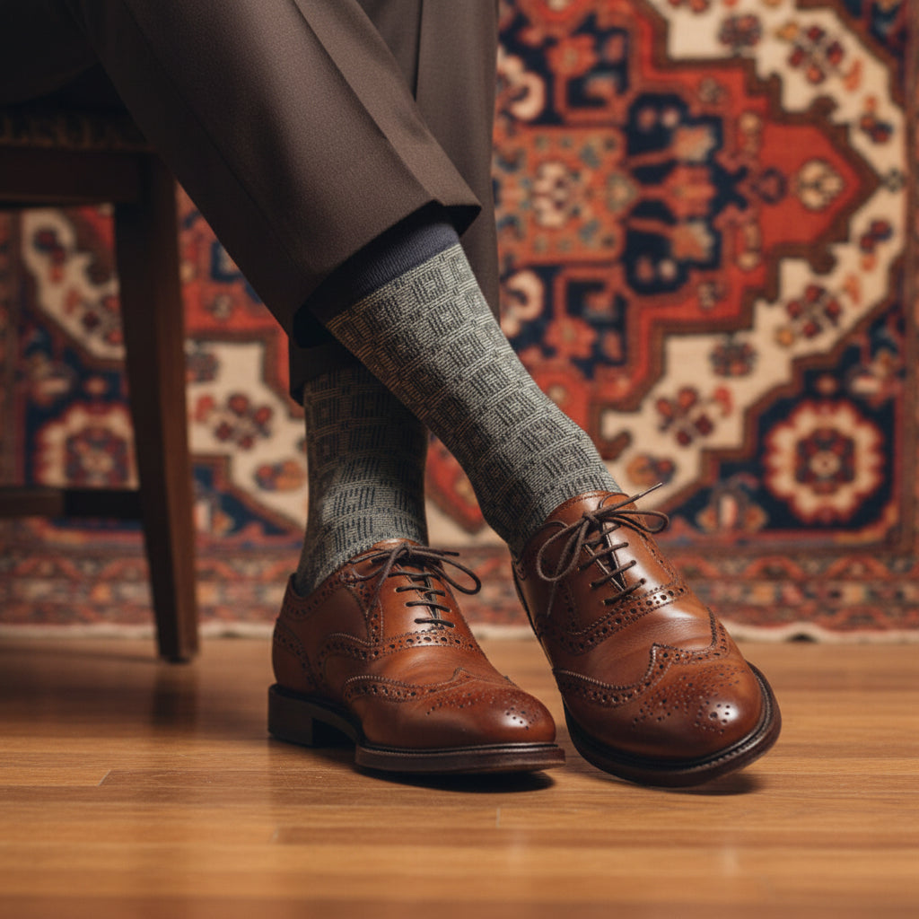 Textured Check Cotton Socks – Stone & Charcoal