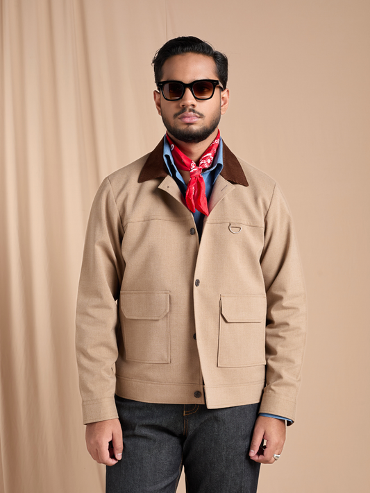 Beige Cropped Bomber Jacket