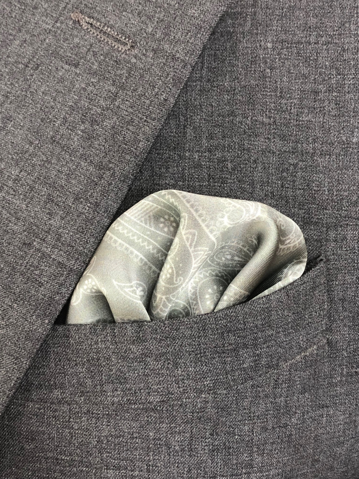 Dusty Green with Heavy White Paisley Silk Pocket Square