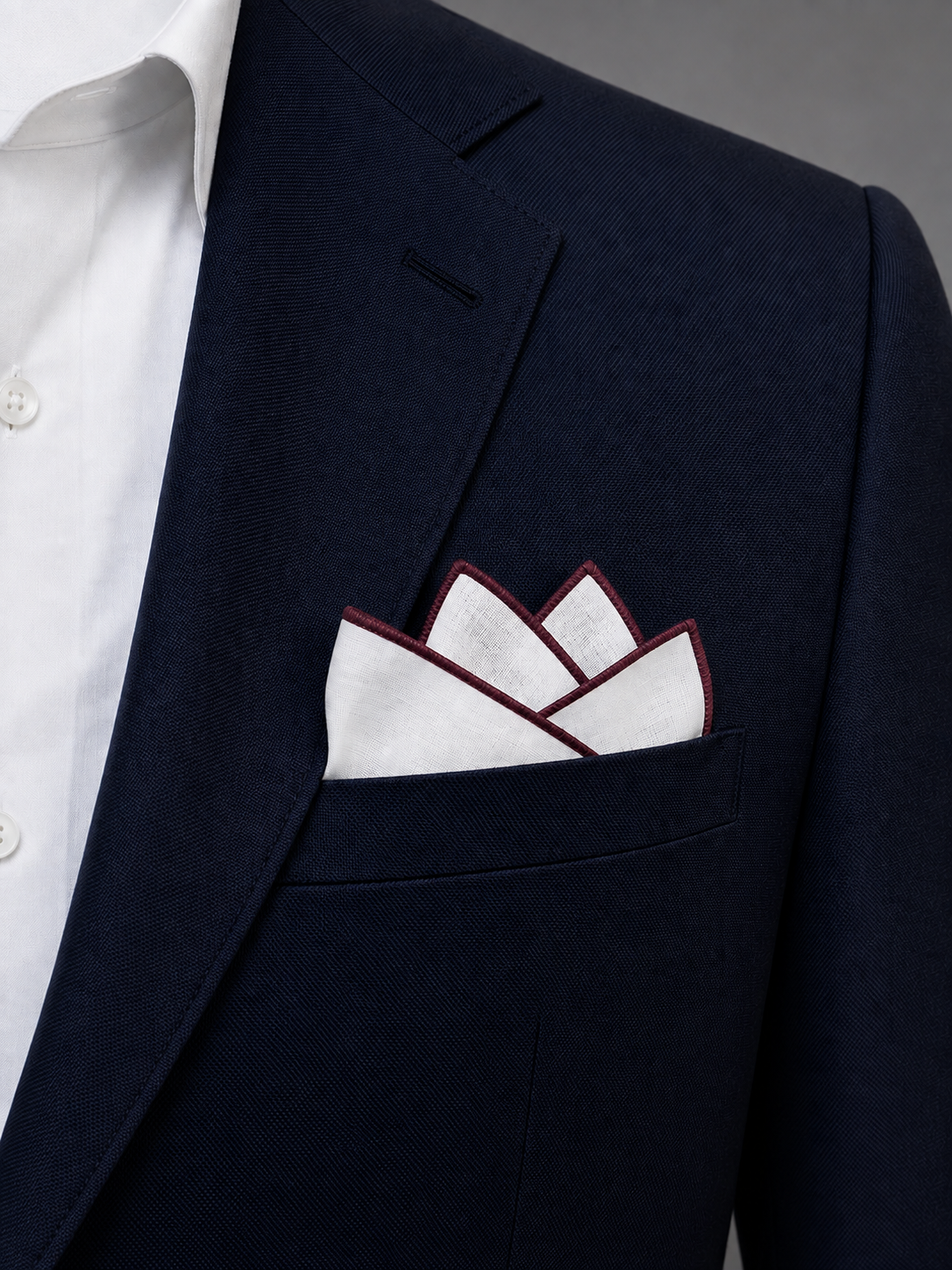 Burgundy Edge White Linen Pocket Square