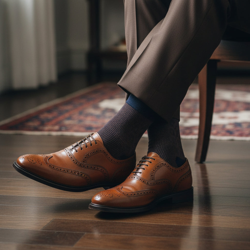 Textured Check Cotton Socks – Cocoa & Navy