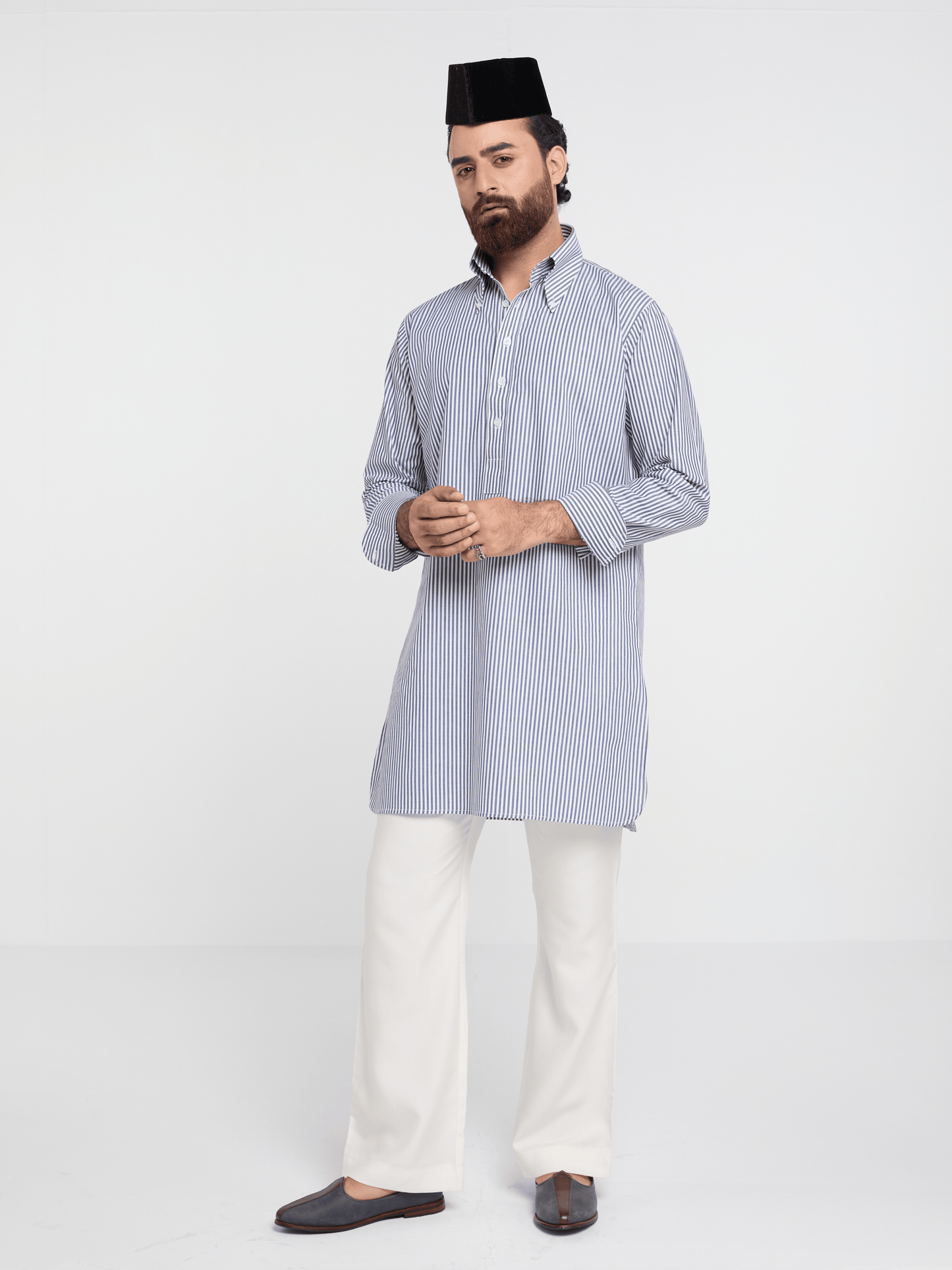 Navy Bengal Stripe Button Down Kurta
