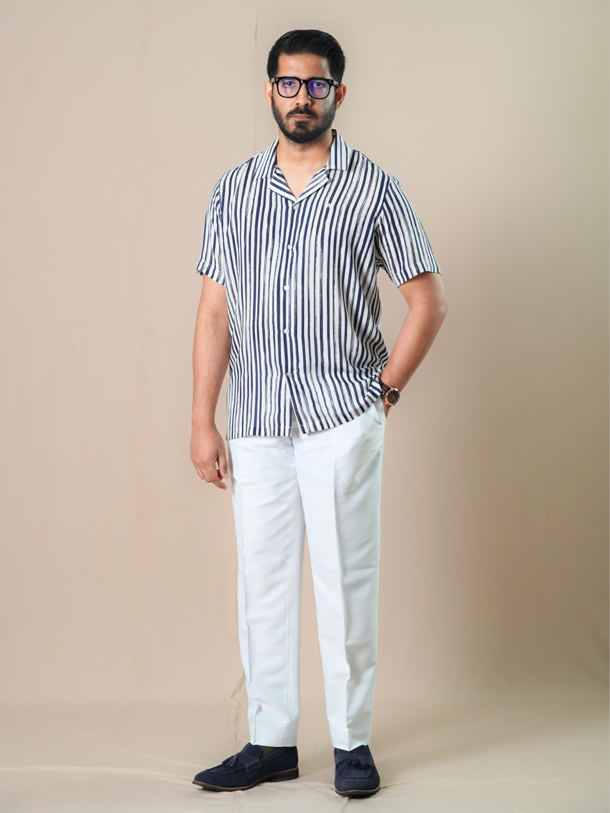 White & Navy Stripe Cuban Shirt