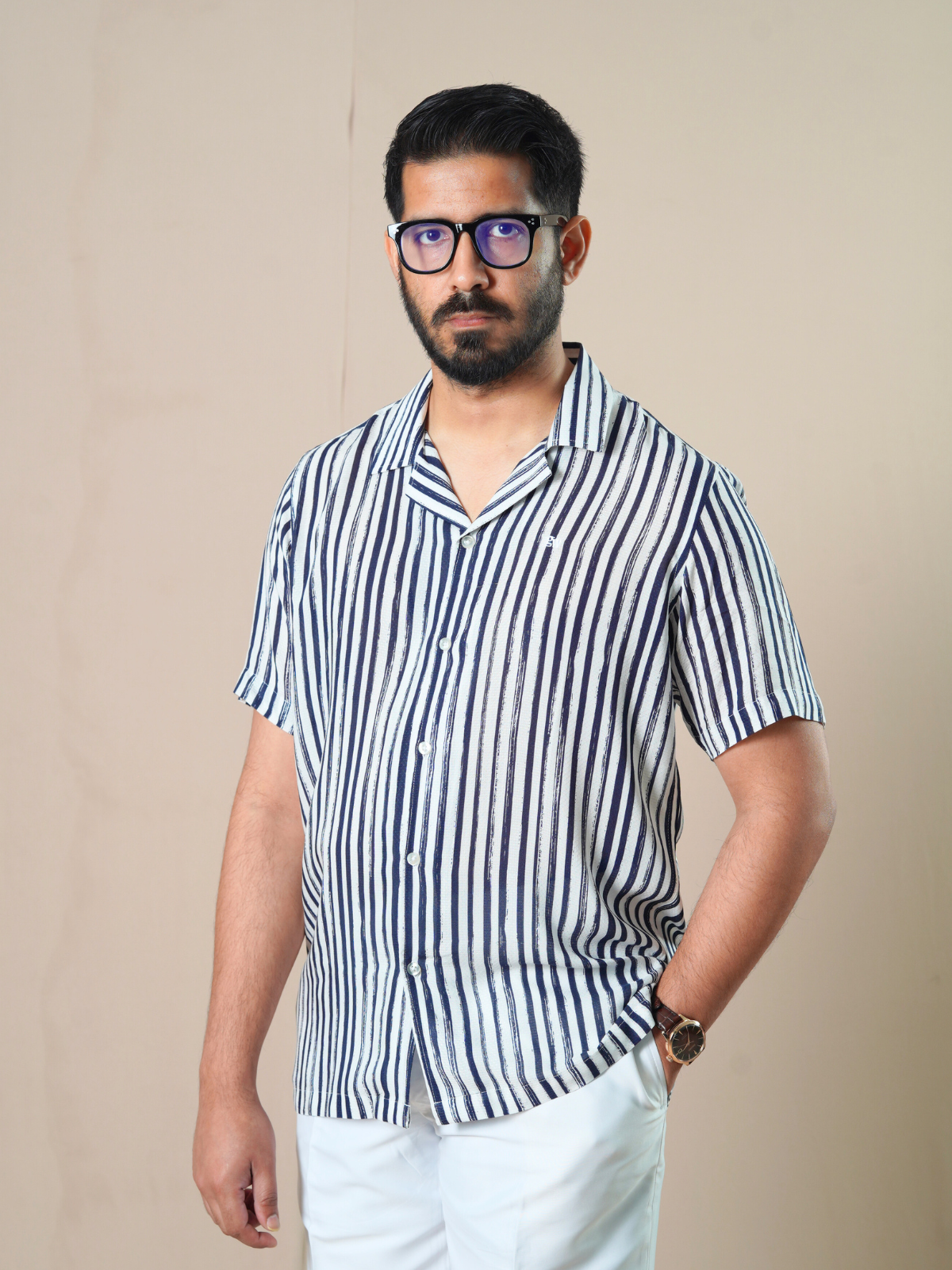 White & Navy Stripe Cuban Shirt