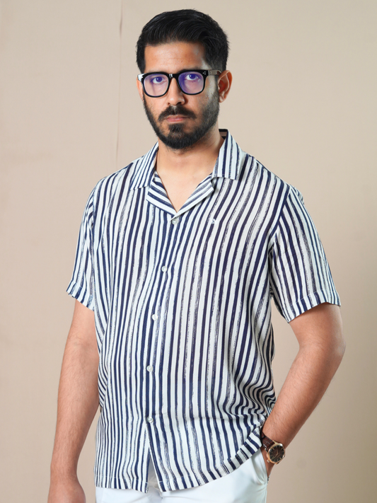 White & Navy Stripe Cuban Shirt