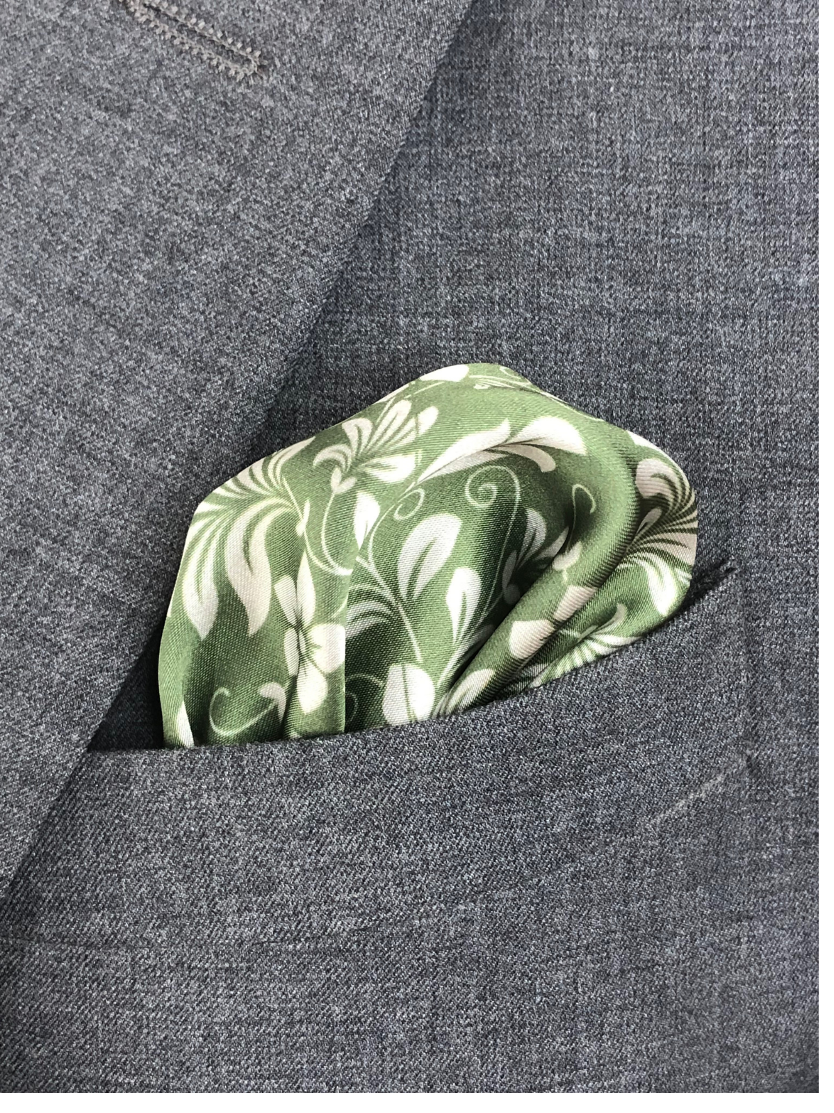 Olive with White Floral Silk Pocket Square