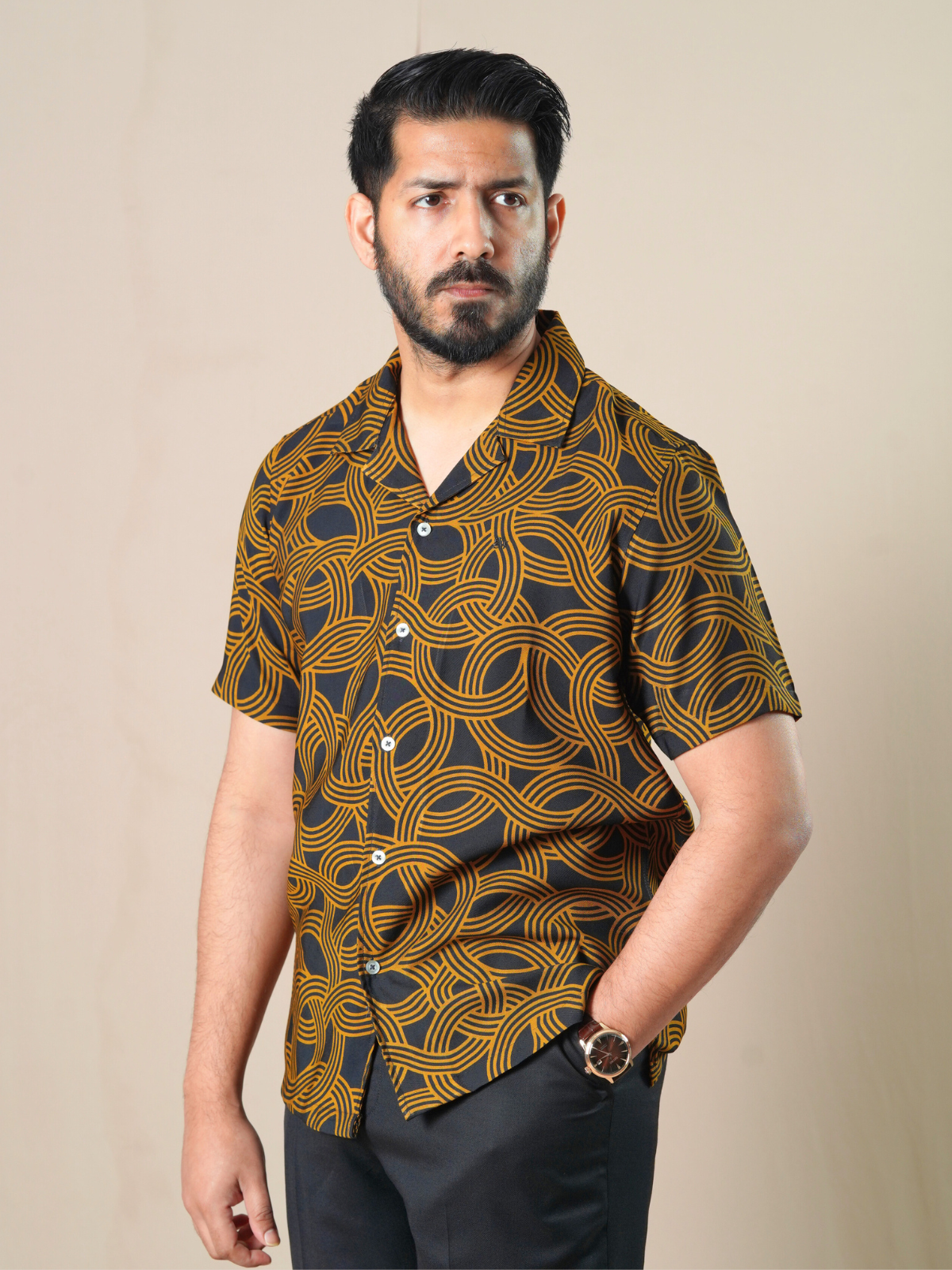 Black & Orange Patterned Cuban Shirt