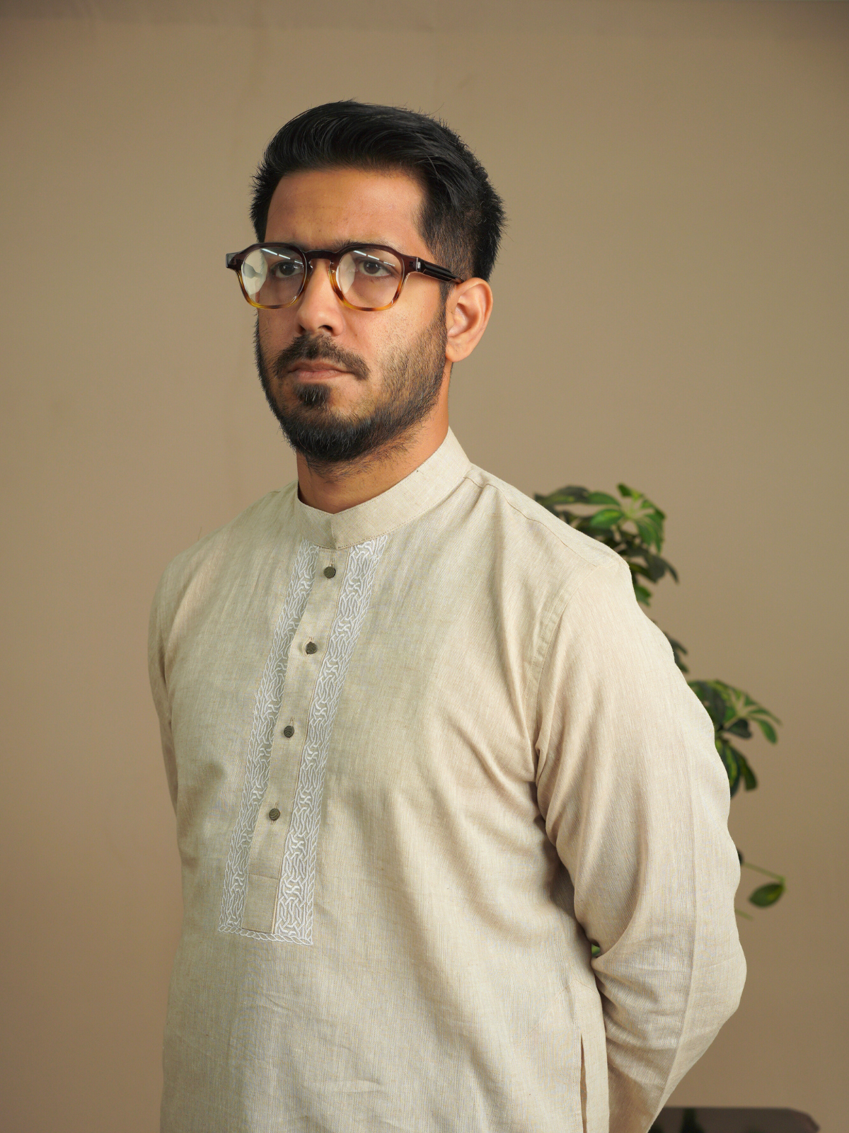 Beige & White Embroidery Kurta