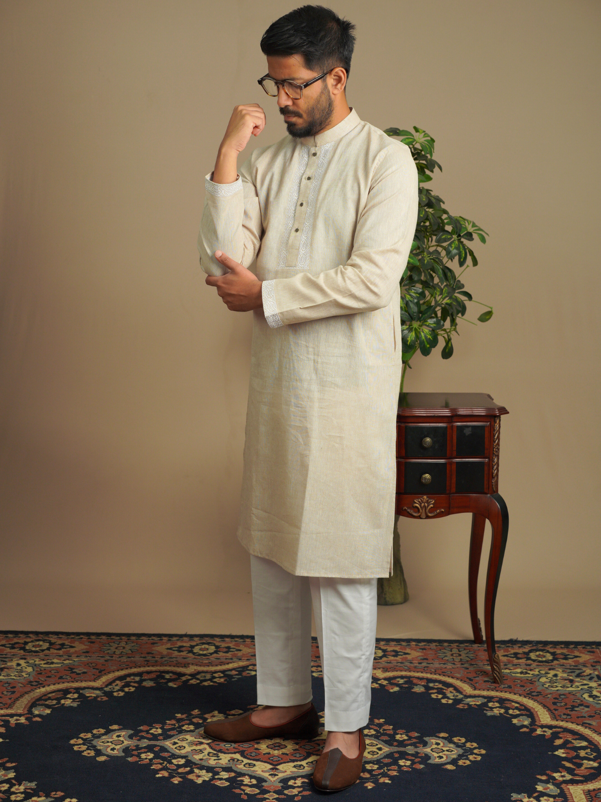 Beige & White Embroidery Kurta