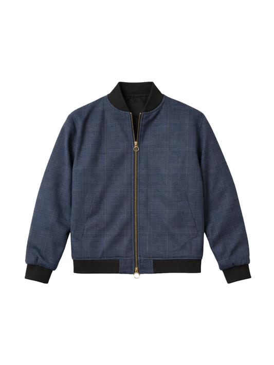 Navy Glen Check Cropped Bomber Jacket