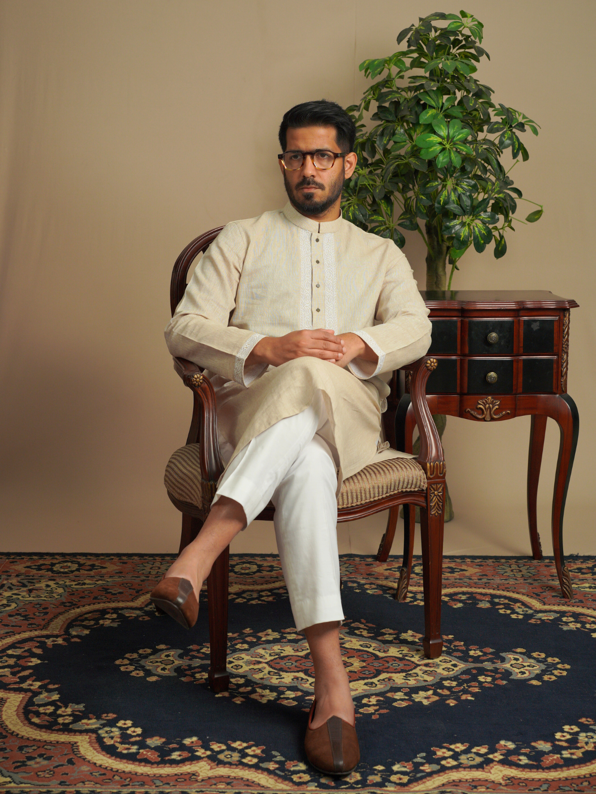 Beige & White Embroidery Kurta