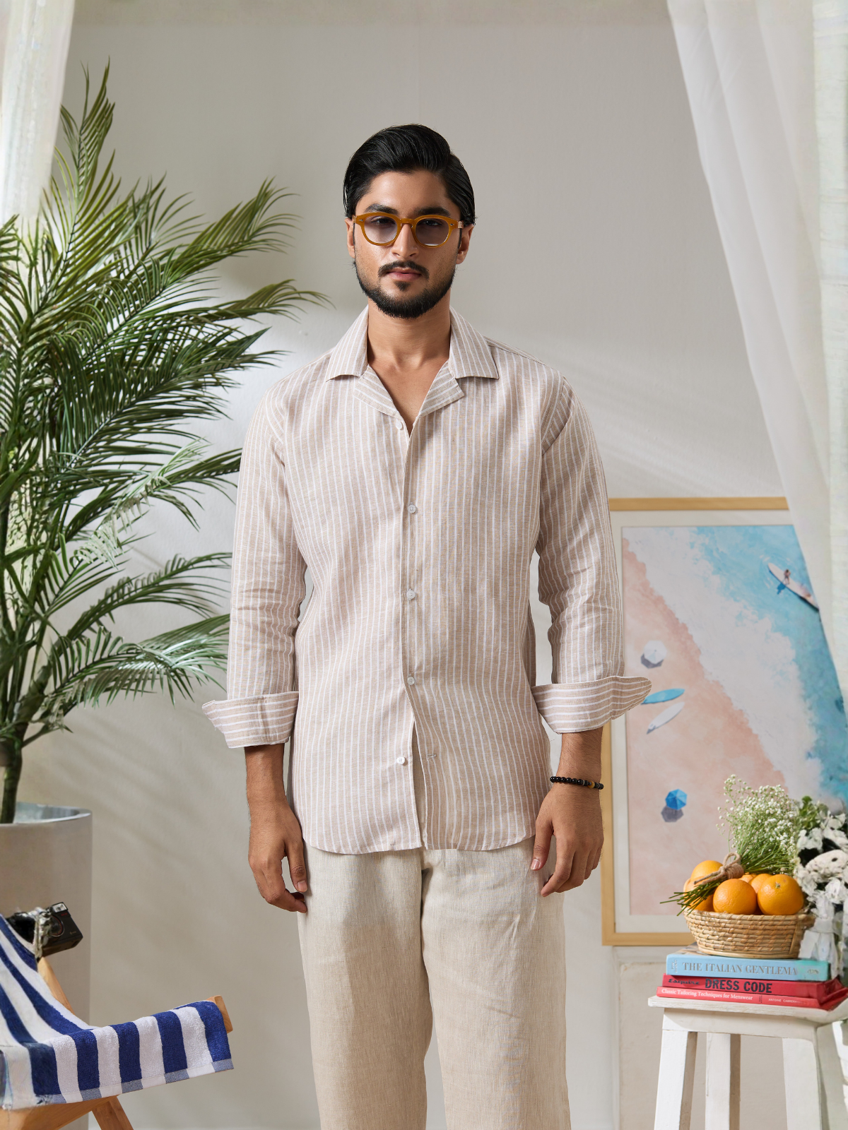 Beige Striped Cuban Shirt