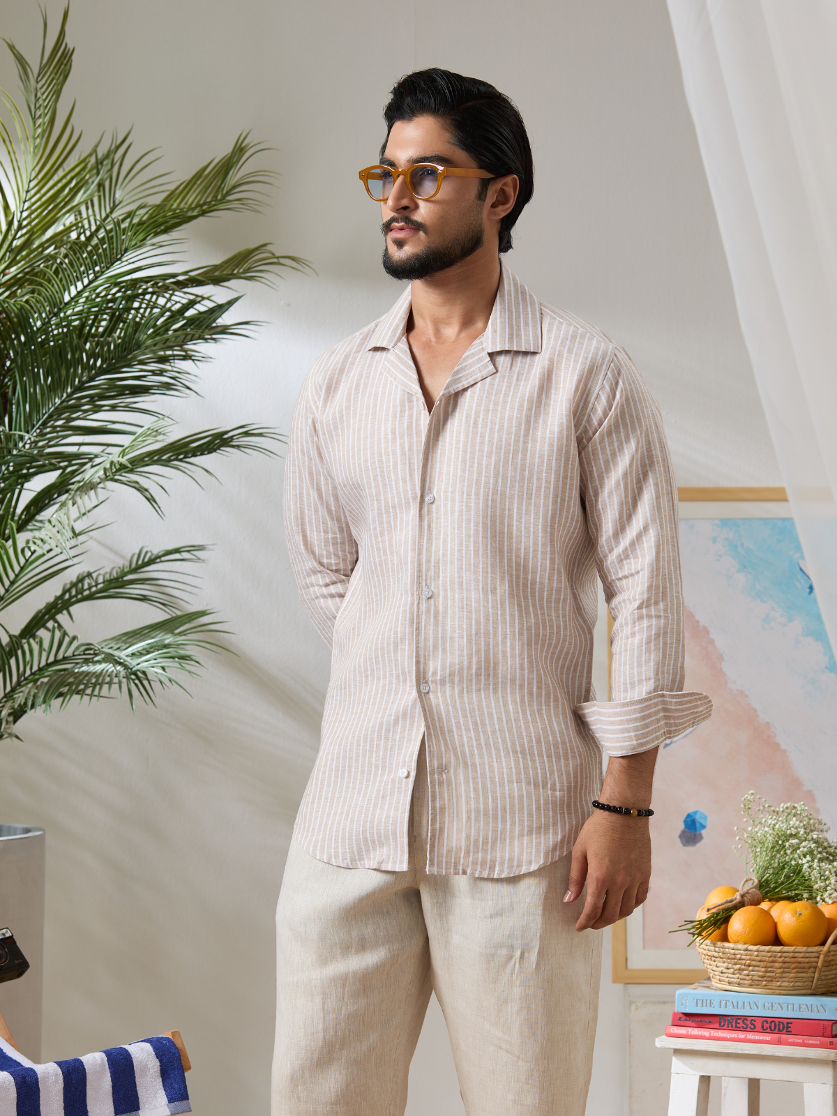 Beige Striped Cuban Shirt