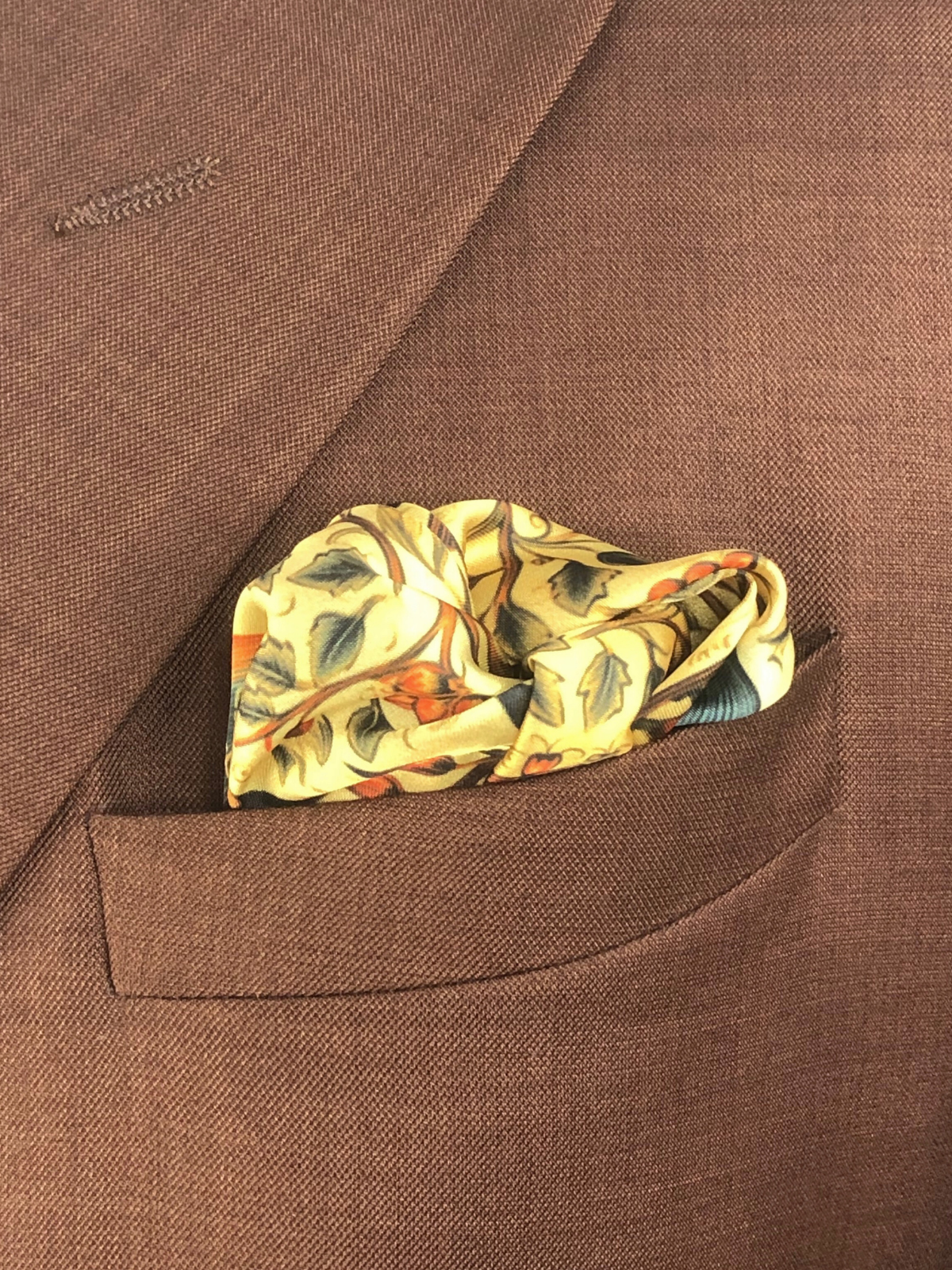 Beige Bird Floral Silk Pocket Square