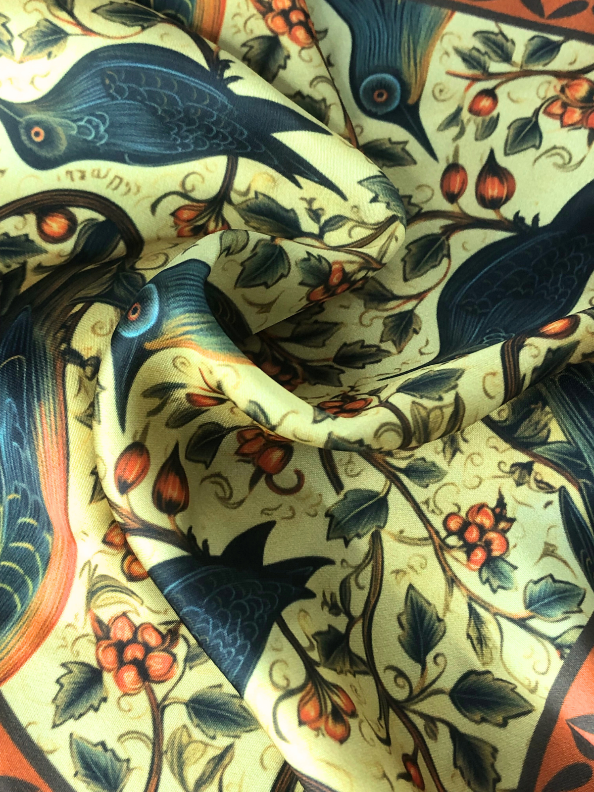 Beige Bird Floral Silk Pocket Square