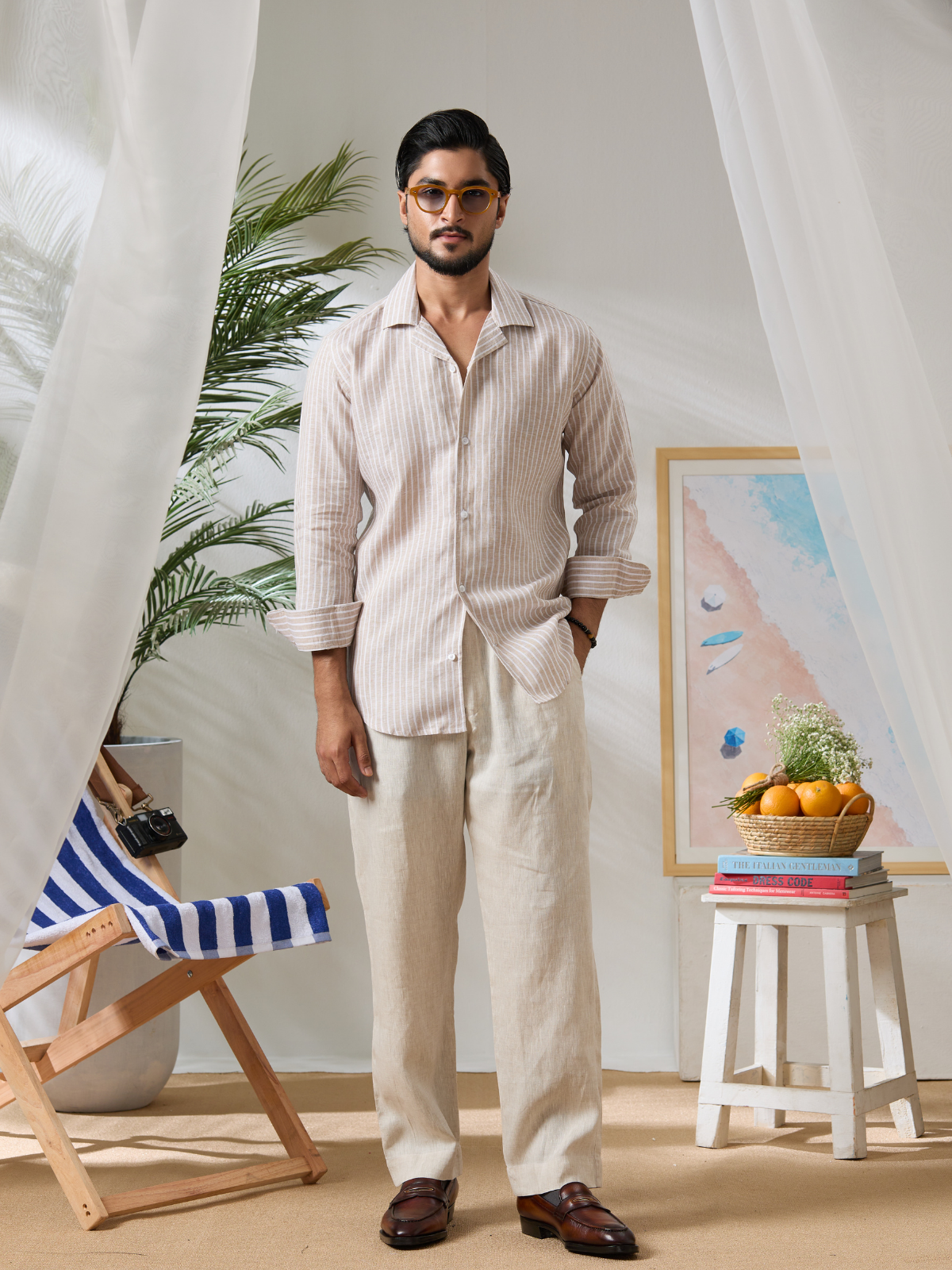 Beige Striped Cuban Shirt