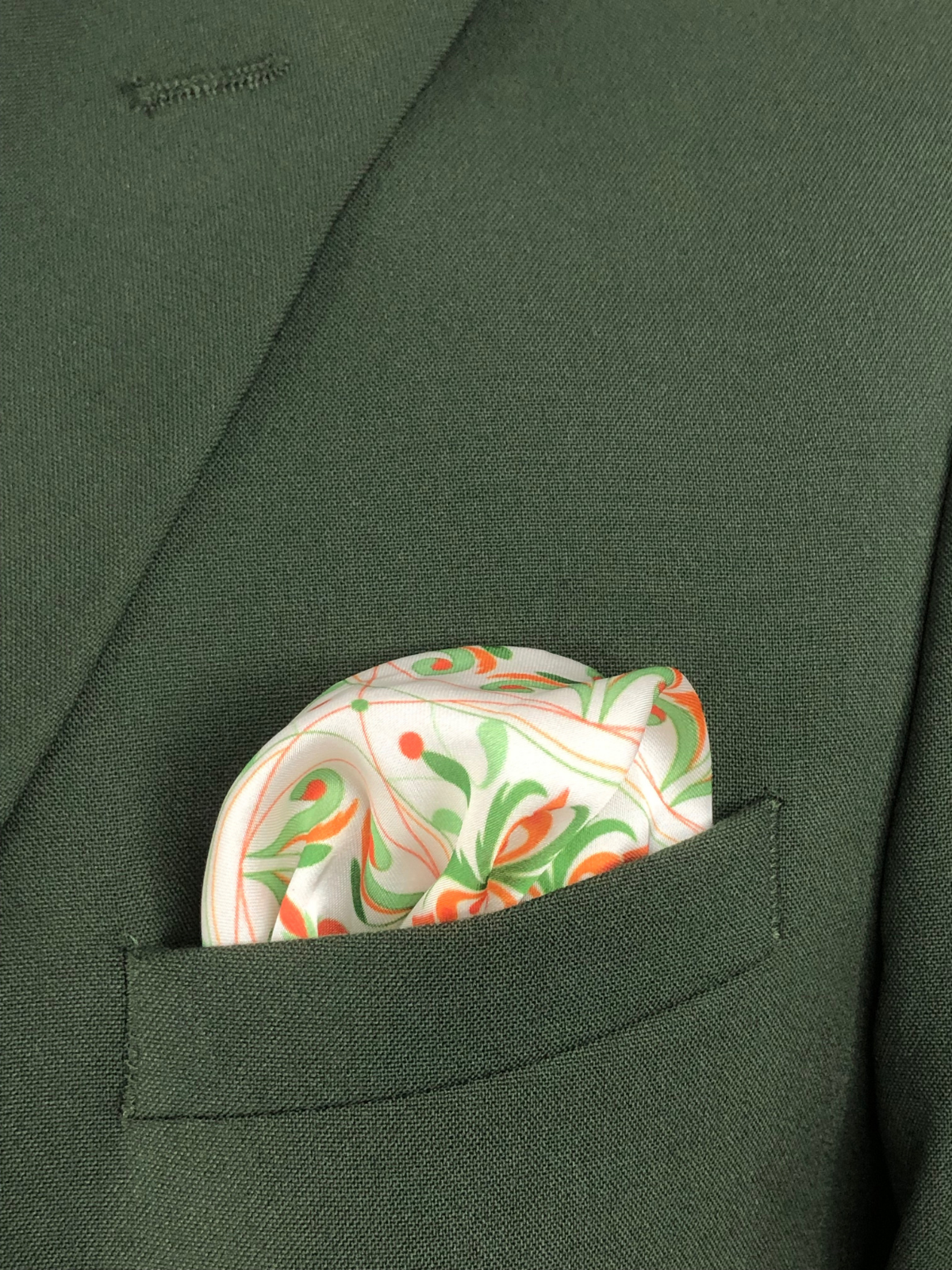 Orange with White & Green Abstract Silk Pocket Square