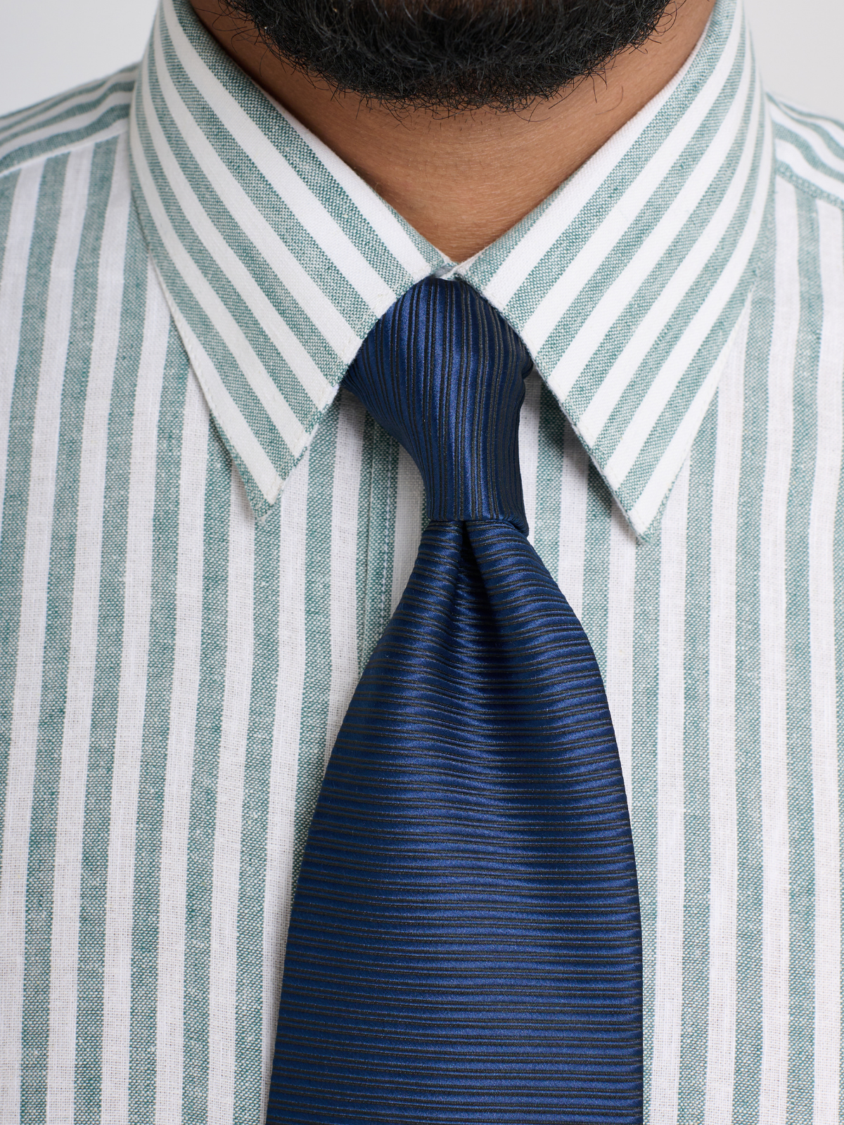 Sage Green & White Stripe Point Collar Shirt