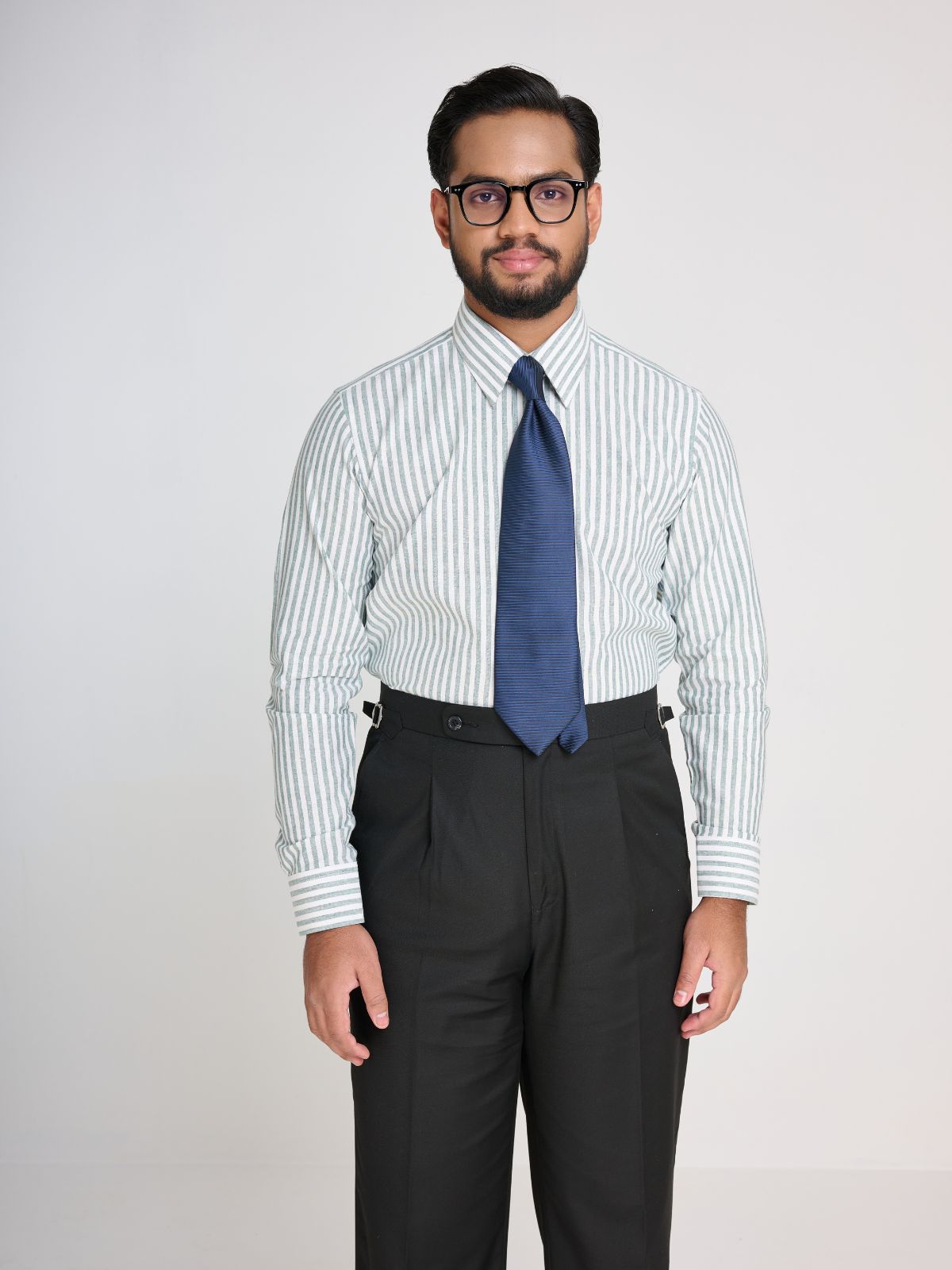 Sage Green & White Stripe Point Collar Shirt