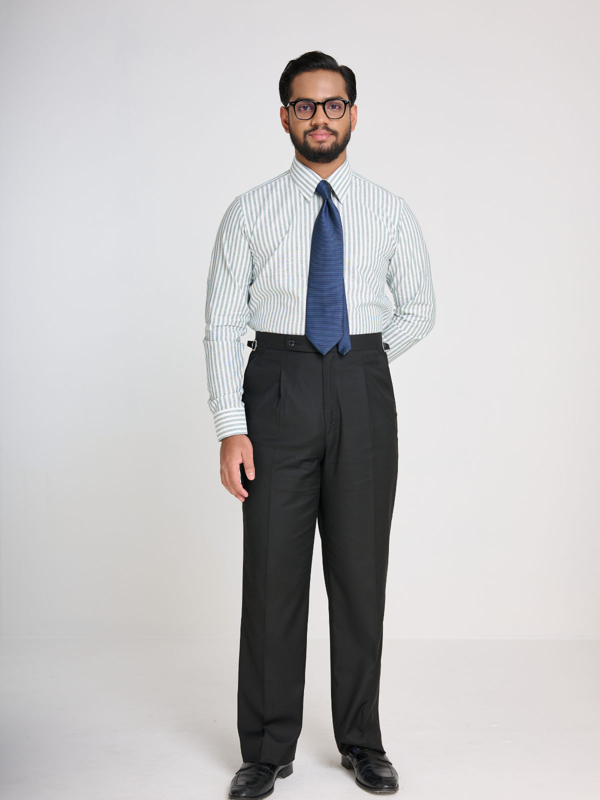 Sage Green & White Stripe Point Collar Shirt