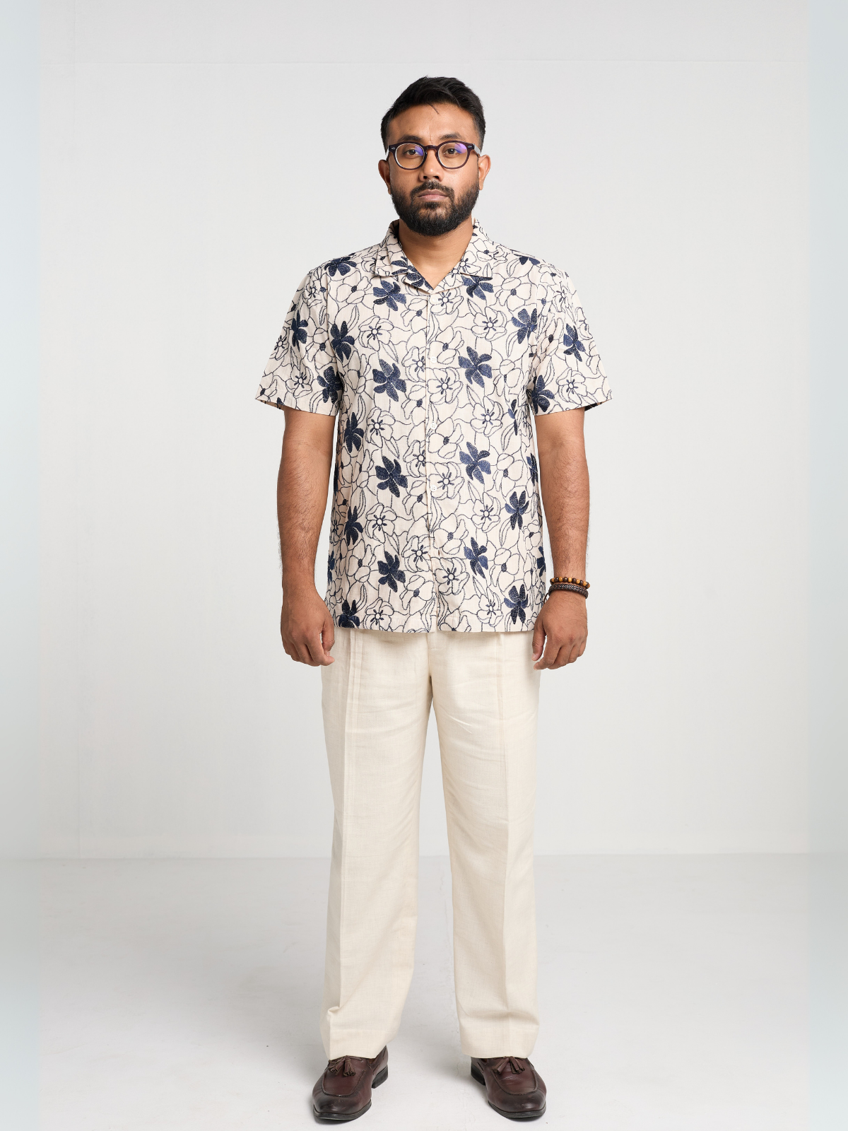 White & Navy Floral Cuban Shirt