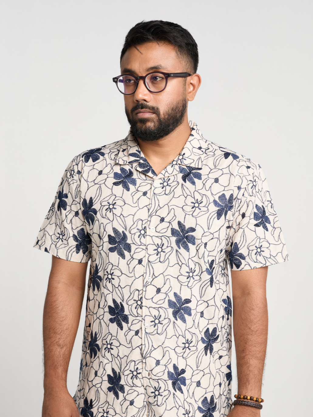 White & Navy Floral Cuban Shirt