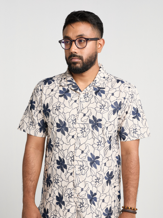 White & Navy Floral Cuban Shirt