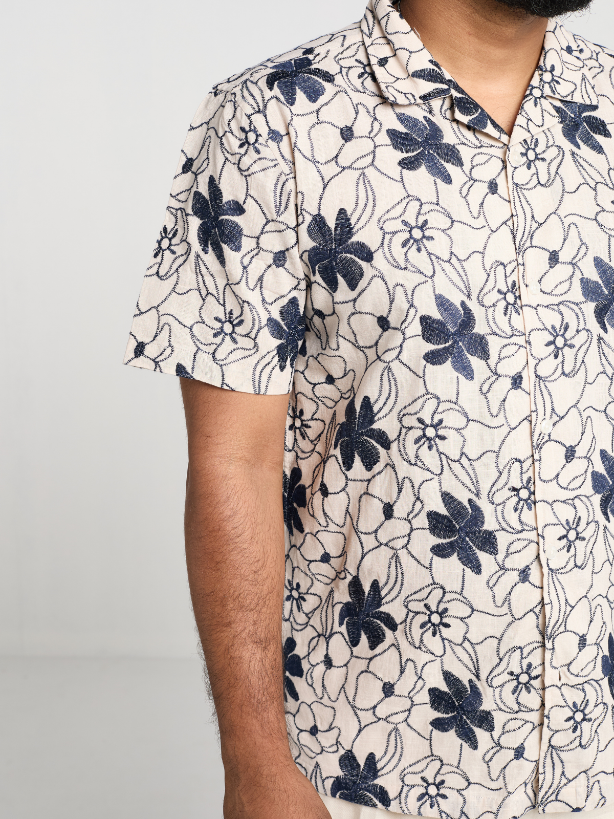 White & Navy Floral Cuban Shirt