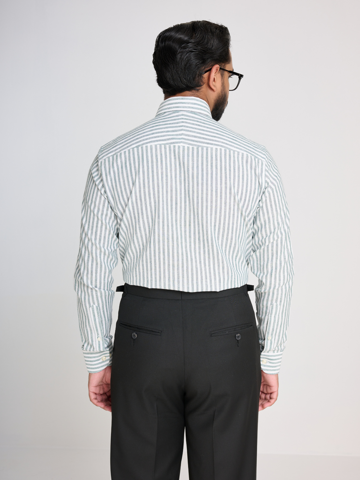 Sage Green & White Stripe Point Collar Shirt