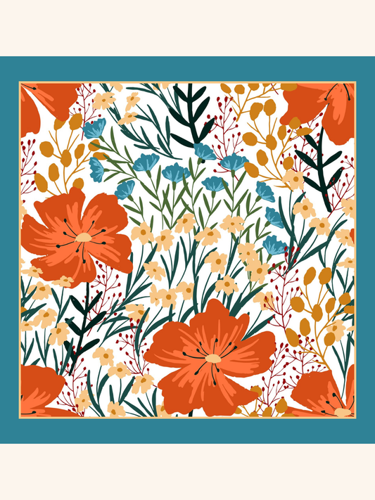 Teal with Orange Floral Silk Pocket Square