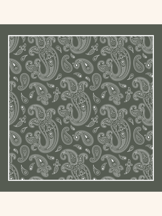 Olive with Heavy White Paisley Silk Pocket Square