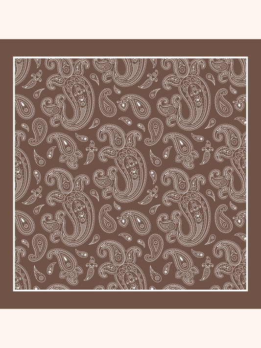 Brown  with Heavy White Paisley Silk Pocket Square