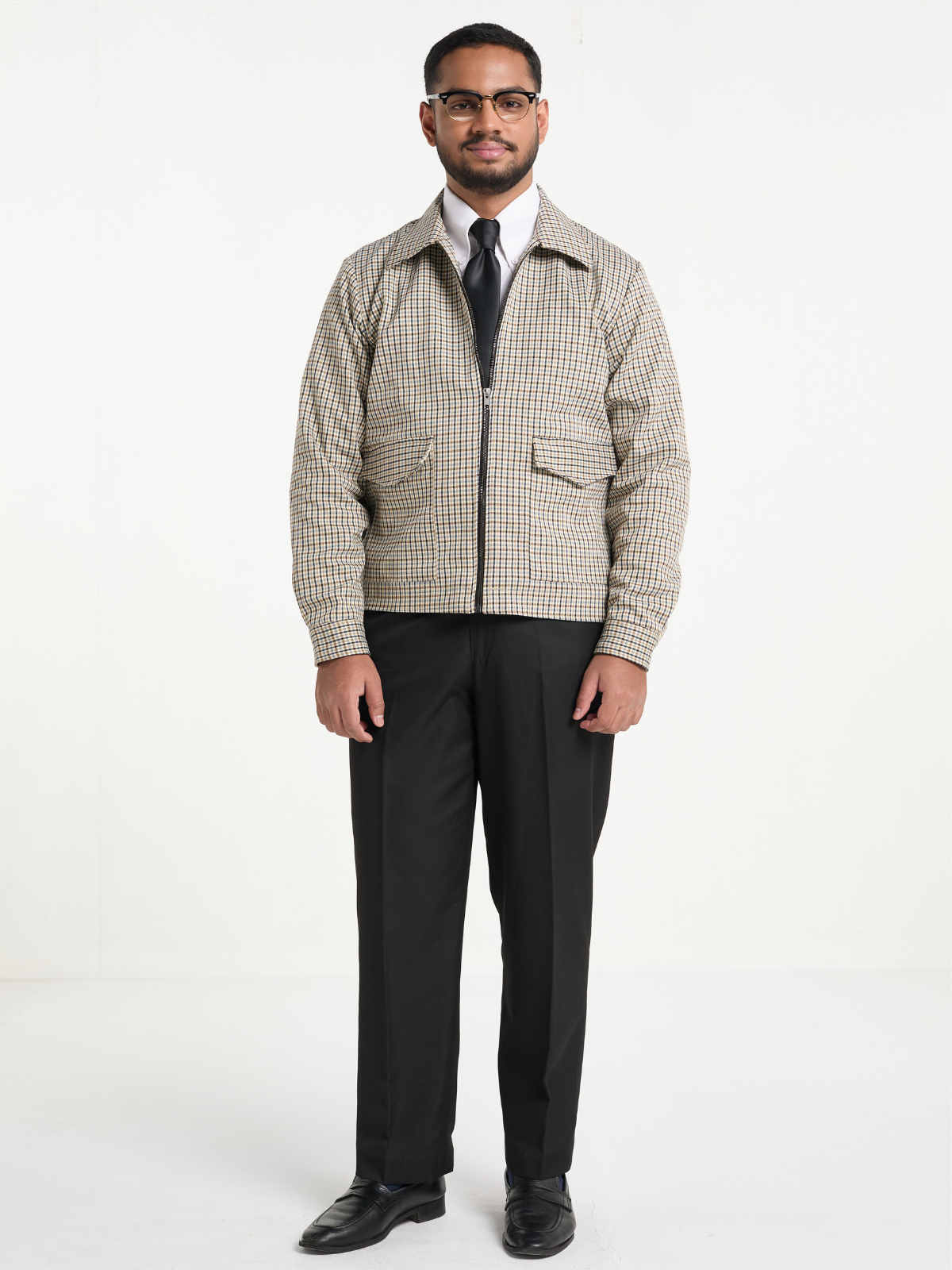 Beige with Sky Houndstooh Cropped Blouson Jacket