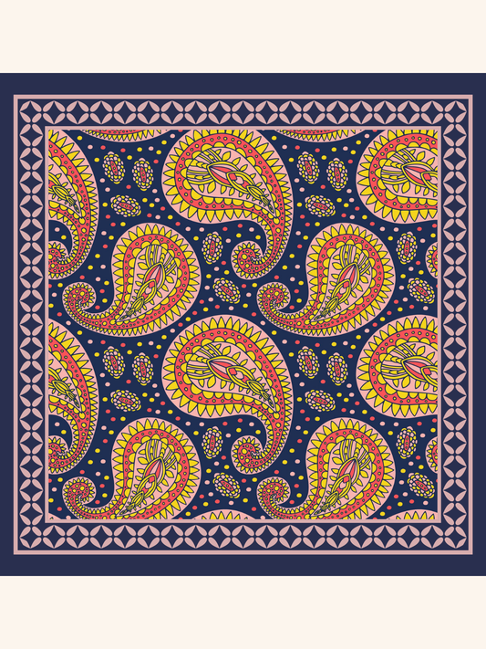 Violet with Orange & Yellow Paisley Silk Pocket Square