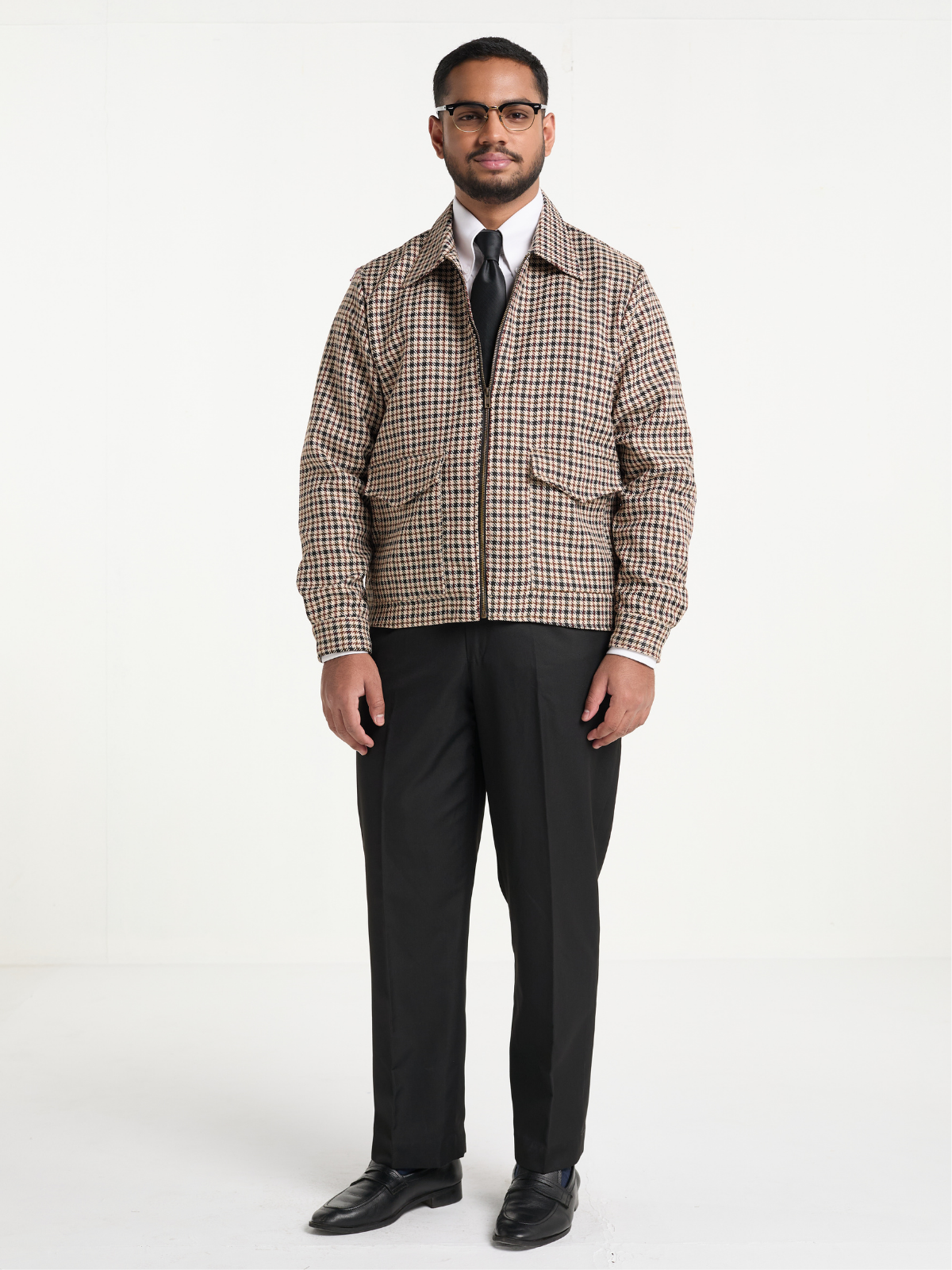 Beige Houndstooh Cropped Blouson Jacket