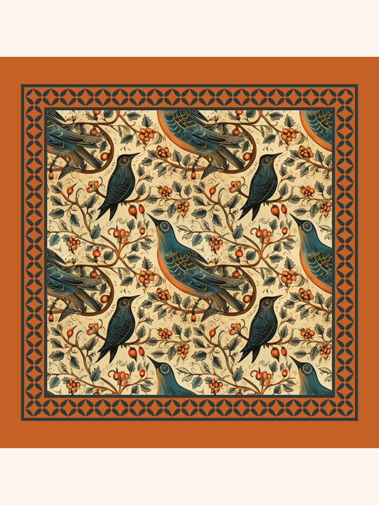 Beige Bird Floral Silk Pocket Square
