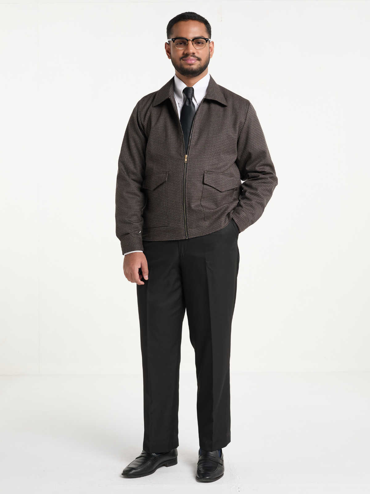 Brown Houndstooh Cropped Blouson Jacket