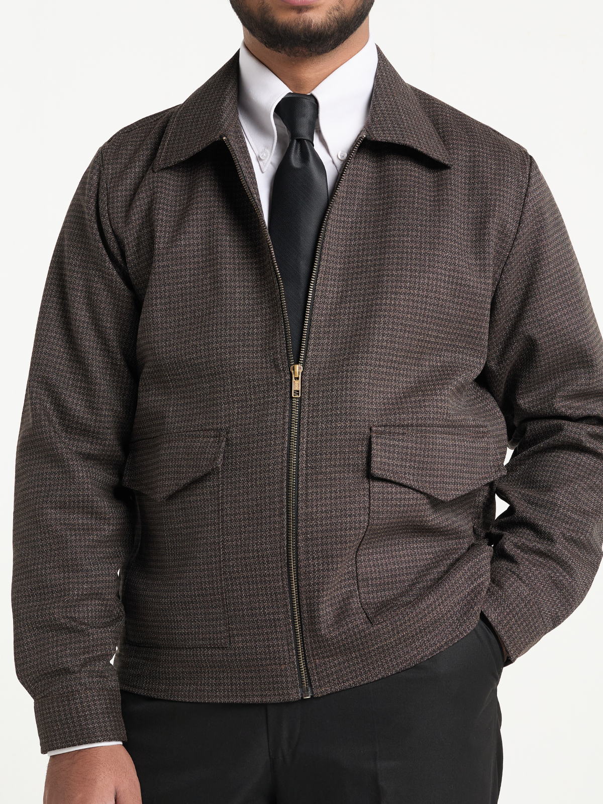 Brown Houndstooh Cropped Blouson Jacket