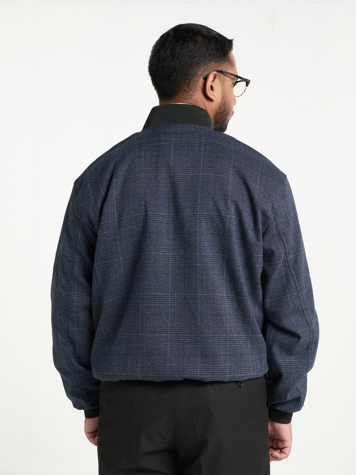 Navy Glen Check Cropped Bomber Jacket