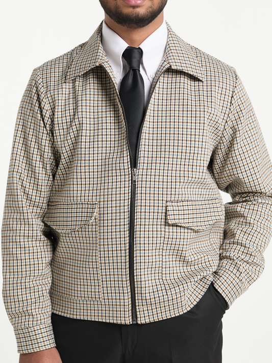 Beige with Sky Houndstooh Cropped Blouson Jacket