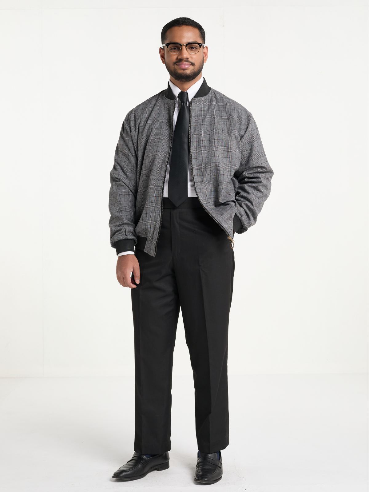 Grey Glen Check Cropped Bomber Jacket