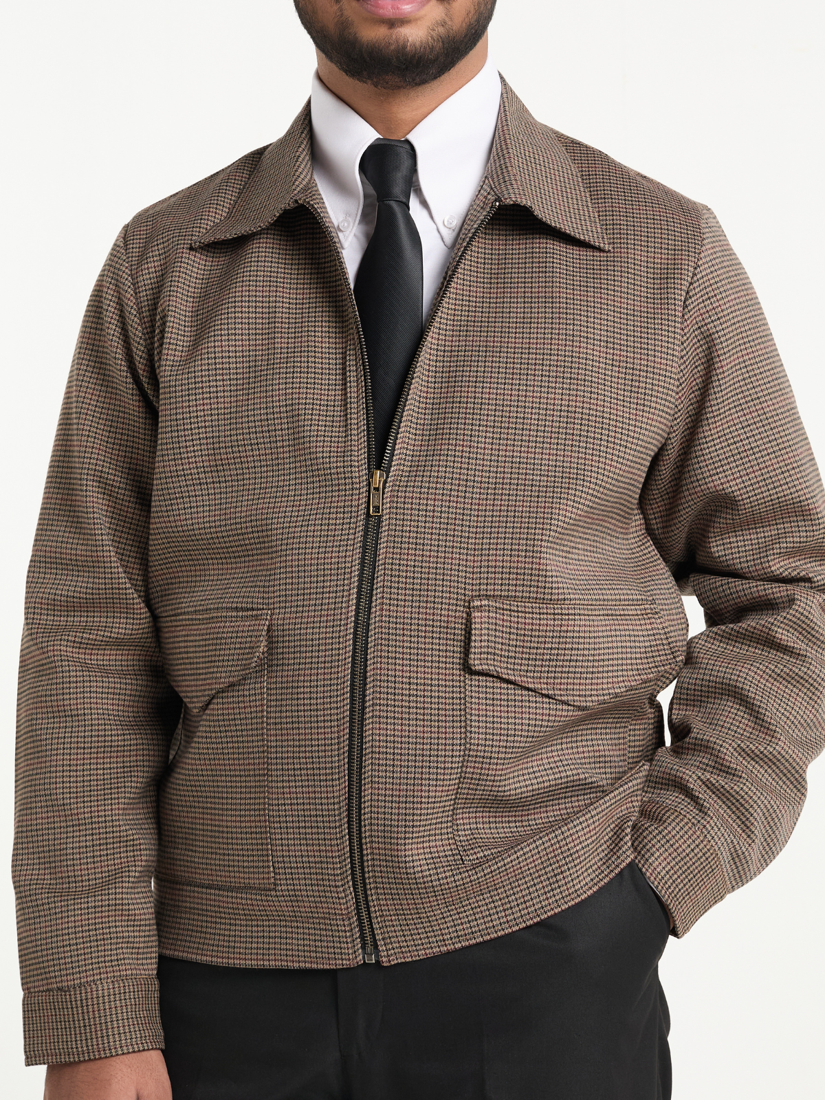 Mocha Houndstooh Cropped Blouson Jacket