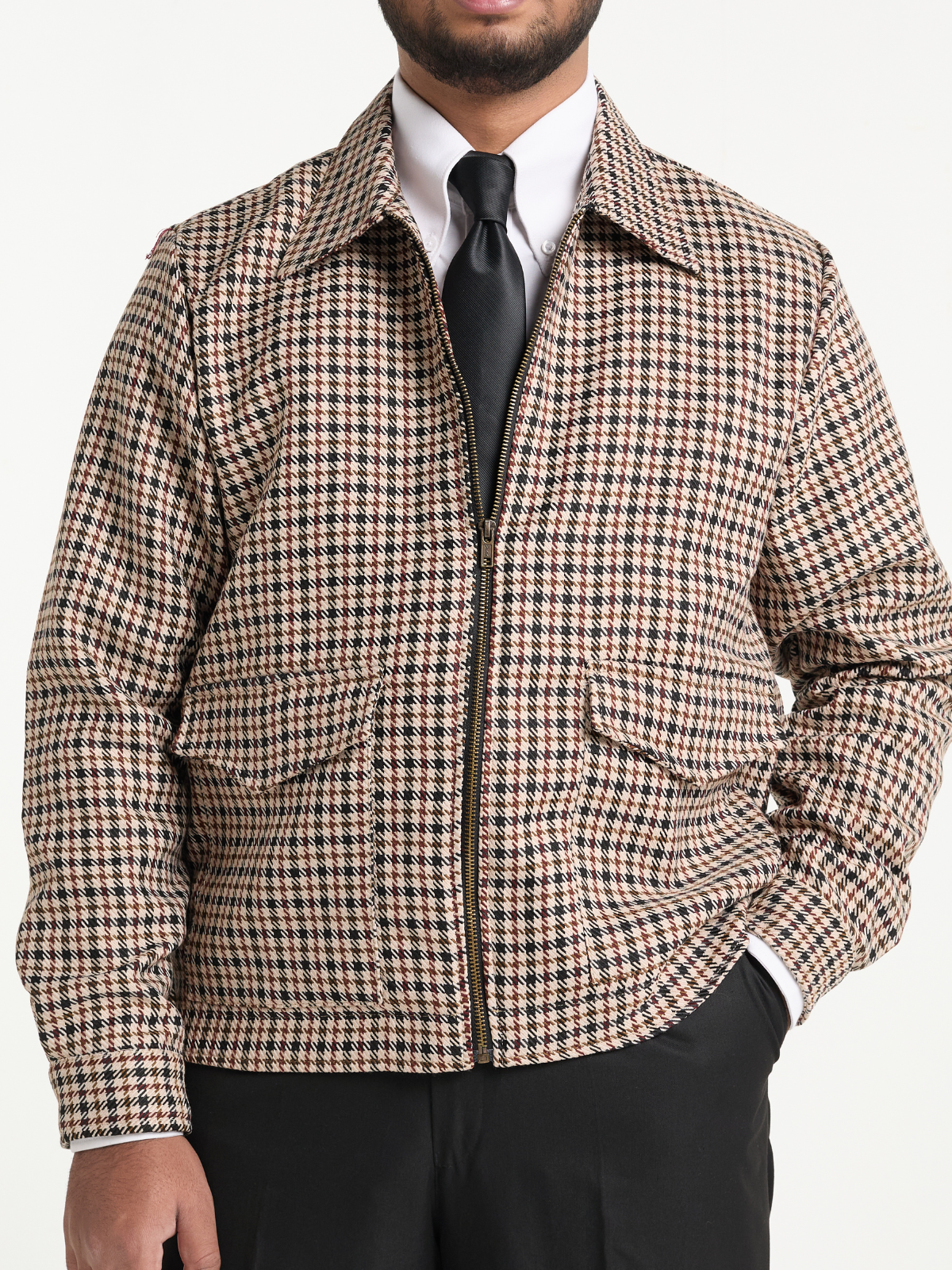 Beige Houndstooh Cropped Blouson Jacket